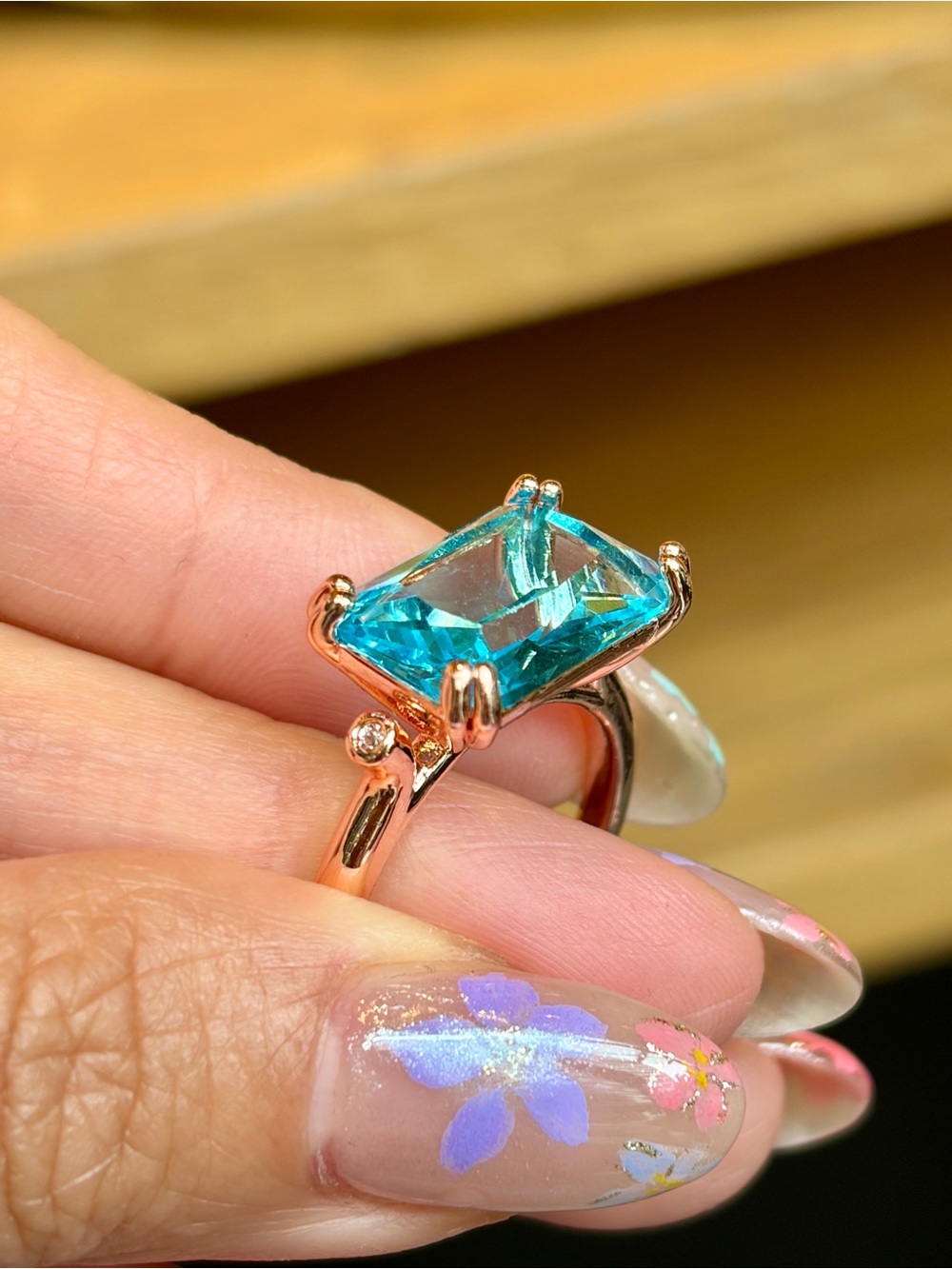 New Radiant Cut Simulated Aquamarine Rose Color Cocktail Statement Ring size 7 - Picture 5 of 7